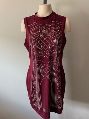 Say What? Rhinestone Bling Embellished Bodycon Dress Burgundy Red Clubwear